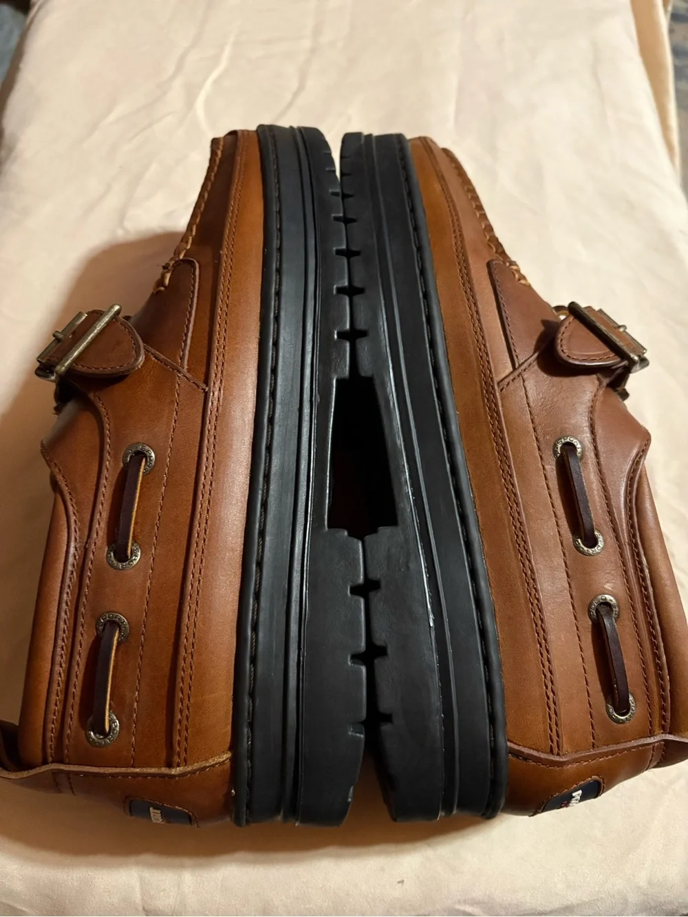Polo Sport Men's Brown Leather Boat Shoes with Buckle Strap. Size 10.5